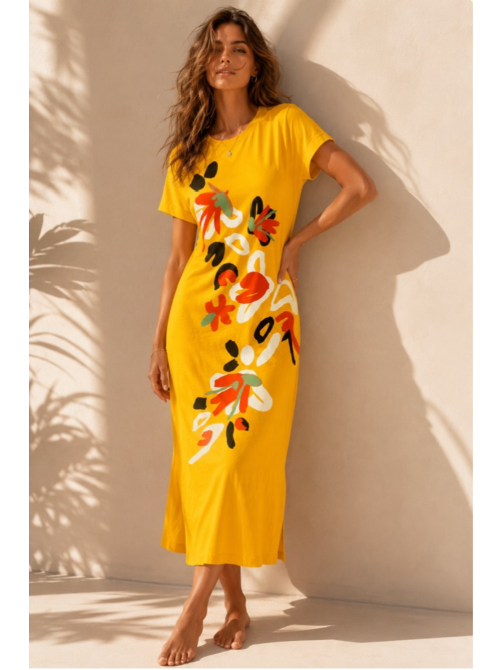 Tanya Taylor Mallorie Midi T-Shirt Dress Abstract Floral Print Cotton Yellow L